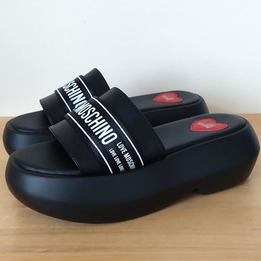 Love Moschino Black Slide Sandals with White Accents